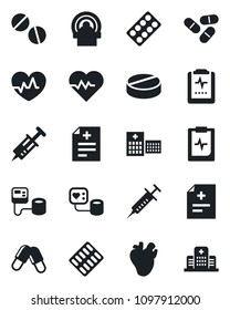 Set of vector isolated black icon - heart pulse vector, diagnosis, syringe, blood pressure, pills, blister, tomography, real, clipboard, hospital