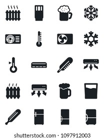 Set of vector isolated black icon - thermometer vector, heater, air conditioner, fridge, drink, beer, snowflake