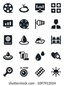Set of vector isolated black icon - passport vector, wind, luggage storage, contract, statistic monitor, water drop, pond, heart diagnostic, pills blister, reel, application, estate agent, alarm led