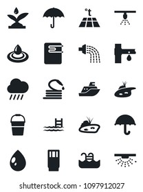 Set of vector isolated black icon - bucket vector, watering, water drop, rain, hose, drip irrigation, sea shipping, umbrella, pond, pool, drink, heater, warm floor, sprinkler