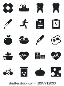 Set of vector isolated black icon - pumpkin vector, seeds, heart pulse, diagnosis, dropper, patch, bike, run, tooth, caries, clipboard, hospital, pool, salad, omelette, apple fruit, cheese