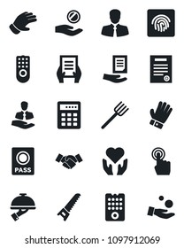 Set of vector isolated black icon - passport vector, handshake, document, farm fork, glove, saw, heart hand, client, touch screen, fingerprint id, contract, waiter, remote control, combination lock