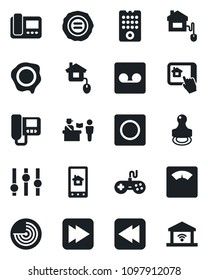 Set of vector isolated black icon - passport control vector, radar, stamp, scales, gamepad, settings, fast forward, rewind, record, home, remote, intercome, app, garage gate