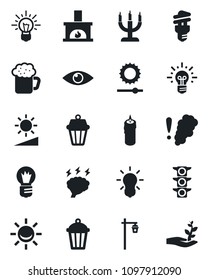 Set of vector isolated black icon - brainstorm vector, bulb, garden light, eye, traffic, brightness, fireplace, beer, candle, smoke detector, energy saving, outdoor lamp, alarm led, idea