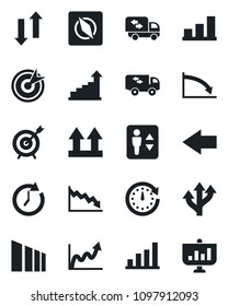 Set of vector isolated black icon - elevator vector, left arrow, growth statistic, route, up side sign, sorting, data exchange, compass, bar graph, moving, target, clock, crisis, presentation