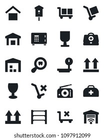 Set of vector isolated black icon - safe vector, bird house, doctor case, fragile, cargo, warehouse storage, up side sign, no trolley, heavy scales, search, rack, radio, garage gate control