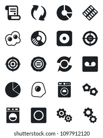 Set of vector isolated black icon - washer vector, gear, circle chart, stamp, contract, pills blister, rec button, update, record, pie graph, target, omelette