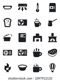 Set of vector isolated black icon - coffee machine vector, fire, fireplace, air conditioner, bread, steak, hot dog, bowl, steaming pan, turkish, water heater, thermometer, balloon