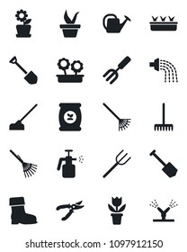 Set of vector isolated black icon - job vector, flower in pot, garden fork, farm, rake, seedling, watering can, pruner, boot, hoe, sprayer, fertilizer, irrigation