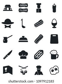 Set of vector isolated black icon - cook vector, hat, wine card, reception, beer, bacon, egg stand, cafe building, candle, dress code, open close, hot dog, ladle, cutting board, knife, sushi