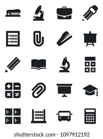 Set of vector isolated black icon - airport bus vector, checkroom, book, calculator, graduate, presentation board, microscope, paper clip, abacus, pencil, stapler, case