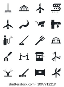 Set of vector isolated black icon - fence vector, garden fork, farm, rake, wheelbarrow, well, hoe, sickle, greenhouse, sprayer, drip irrigation, windmill