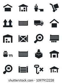 Set of vector isolated black icon - truck trailer vector, cargo container, car delivery, sea port, warehouse storage, up side sign, no hook, package, search