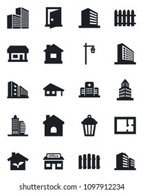 Set of vector isolated black icon - office building vector, fence, house, garden light, hospital, store, with garage, plan, eco, door