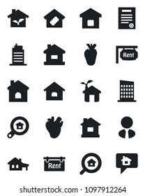 Set of vector isolated black icon - house vector, real heart, contract, with garage, rent, estate search, agent, smart home, city, eco, message
