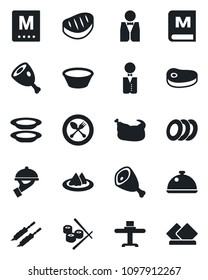 Set of vector isolated black icon - spoon and fork vector, waiter, dish, restaurant table, serviette, menu, plates, chicken, steak, kebab, ham, bowl, sushi