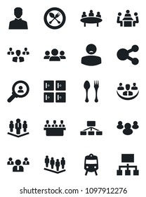 Set of vector isolated black icon - spoon and fork vector, train, checkroom, team, meeting, patient, group, user, company, consumer search, social media, hierarchy