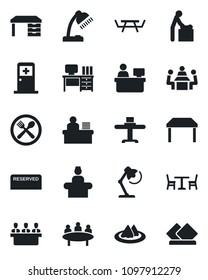 Set of vector isolated black icon - cafe vector, baby room, reception, medical, desk, meeting, manager place, picnic table, lamp, restaurant, serviette, reserved