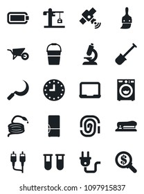 Set of vector isolated black icon - notebook pc vector, shovel, wheelbarrow, bucket, hose, sickle, blood test vial, microscope, clock, satellite, rca, themes, battery, stapler, washer, fridge, crane