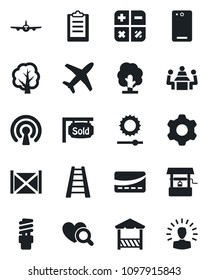 Set of vector isolated black icon - plane vector, calculator, ladder, tree, well, heart diagnostic, container, phone back, settings, brightness, clipboard, meeting, sold signboard, alcove, wireless