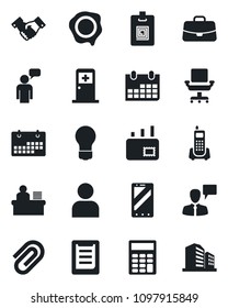 Set of vector isolated black icon - medical room vector, handshake, mobile phone, speaking man, case, bulb, calendar, stamp, office, clipboard, user, paper clip, identity card, calculator, chair
