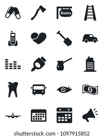 Set of vector isolated black icon - airport bus vector, plane, job, ladder, axe, pills, caries, eye, office phone, equalizer, heart, hdmi, calendar, rooms, city house, turkish coffee, cash, car