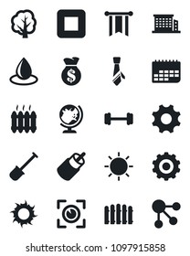 Set of vector isolated black icon - globe vector, gear, shovel, fence, tree, water drop, sun, barbell, term, stop button, rca, settings, tie, office building, heater, eye scan, money bag, pennon