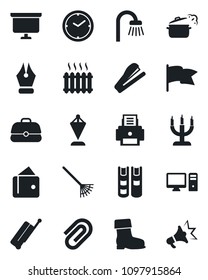 Set of vector isolated black icon - suitcase vector, pennant, presentation board, rake, boot, clock, paper clip, ink pen, printer, book, stapler, bathroom, heater, candle, steaming pan, pc, wallet