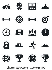 Set of vector isolated black icon - pedestal vector, medal, barbell, bike, run, heavy, clock, stopwatch, target, mountains, award cup