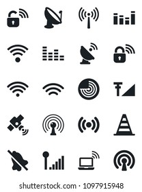 Set of vector isolated black icon - antenna vector, wireless notebook, border cone, radar, satellite, equalizer, mute, cellular signal, lock