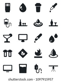 Set of vector isolated black icon - water drop vector, dropper, flammable, monitor, alcohol, drink, cocktail, filter, sprinkler