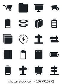 Set of vector isolated black icon - signpost vector, notepad, presentation board, wheelbarrow, battery, low, folder, charge, blank box, plates, guidepost