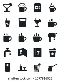 Set of vector isolated black icon - hot cup vector, coffee machine, water supply, alcohol, wine card, drink, cocktail, phyto bar, beer, turkish