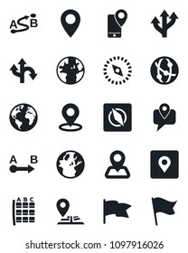 Set of vector isolated black icon - seat map vector, route, navigation, earth, pin, mobile tracking, network, place tag, compass, flag