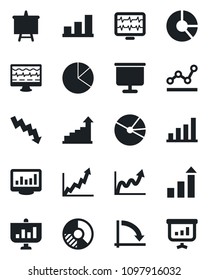Set of vector isolated black icon - growth statistic vector, presentation board, crisis graph, circle chart, monitor pulse, statistics, bar, pie, point