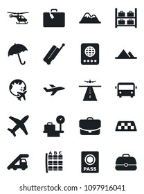 Set of vector isolated black icon - runway vector, taxi, suitcase, airport bus, umbrella, passport, ladder car, helicopter, seat map, luggage storage, scales, plane globe, mountains, case