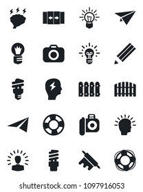Set of vector isolated black icon - automatic door vector, brainstorm, bulb, camera, pencil, fence, rolling pin, energy saving, shining head, idea, paper plane, crisis management