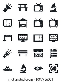 Set of vector isolated black icon - barrier vector, tv, alarm car, seat map, bench, monitor pulse, microscope, eye, torch, plan, alcove, scan