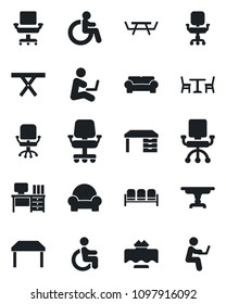 Set of vector isolated black icon - cafe vector, waiting area, disabled, office chair, desk, picnic table, cushioned furniture, restaurant, man with notebook