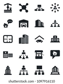 Set of vector isolated black icon - hierarchy vector, well, hospital, molecule, office building, garage, plan, home message