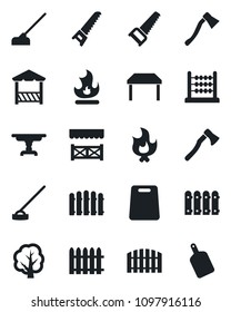 Set of vector isolated black icon - fence vector, tree, saw, fire, hoe, axe, abacus, table, alcove, cutting board