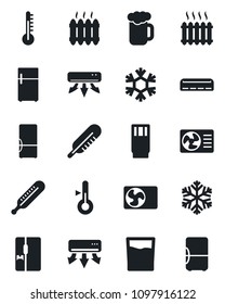 Set of vector isolated black icon - thermometer vector, heater, air conditioner, fridge, drink, beer, snowflake