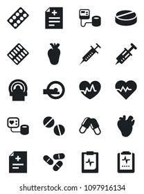 Set of vector isolated black icon - heart pulse vector, diagnosis, syringe, blood pressure, pills, blister, tomography, real, clipboard