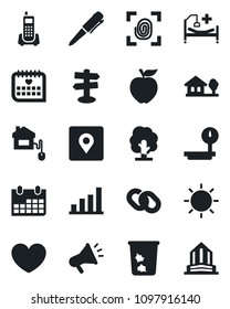 Set of vector isolated black icon - trash bin vector, pen, calendar, tree, sun, heart, hospital bed, medical, signpost, office phone, heavy scales, chain, place tag, bar graph, house with, building