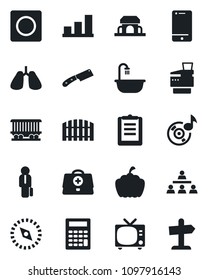 Set of vector isolated black icon - tv vector, pumpkin, doctor case, lungs, railroad, clipboard, cell phone, record, compass, music, bar graph, copier, hierarchy, manager, fence, bathroom, knife