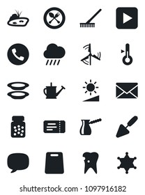 Set of vector isolated black icon - spoon and fork vector, phone, ticket, mail, trowel, rake, watering can, rain, pills bottle, caries, play button, message, brightness, pond, windmill, plates