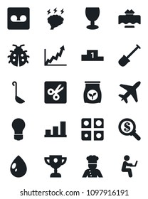 Set of vector isolated black icon - plane vector, brainstorm, bulb, shovel, lady bug, water drop, fertilizer, fragile, record, cut, application, bar graph, cook, restaurant table, ladle, growth