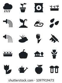 Set of vector isolated black icon - flower in pot vector, seedling, watering can, sproute, rain, pumpkin, seeds, pond, tulip, oil barrel, house with tree, rolling pin, apple fruit, water filter
