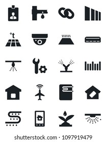 Set of vector isolated black icon - plane radar vector, identity card, drip irrigation, sorting, barcode, chain, root setup, air conditioner, smart home, water heater, control app, warm floor