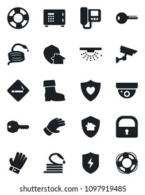 Set of vector isolated black icon - smoking place vector, safe, glove, boot, hose, heart shield, protect, lock, key, intercome, home, surveillance, sprinkler, crisis management